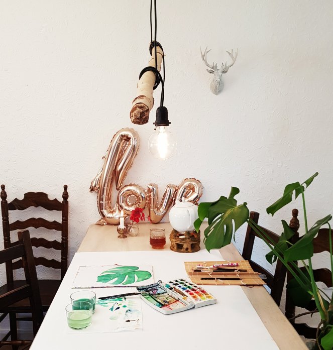 Aquarell Monstera Blatt malen Setting zeichnen Arbeitstisch