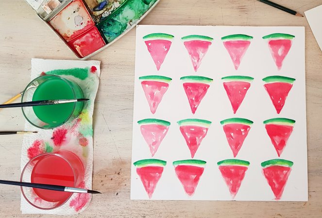 Wassermelonenstücke für Wimpelkette malen aquarell.jpg