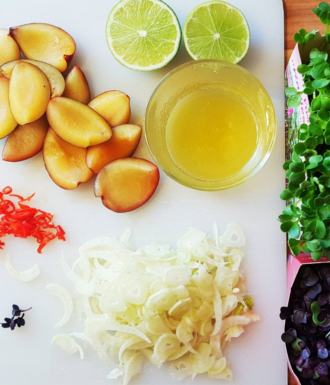 Zutaten Thunfisch Ceviche Limetten Pflaumen Fenchel Kresse
